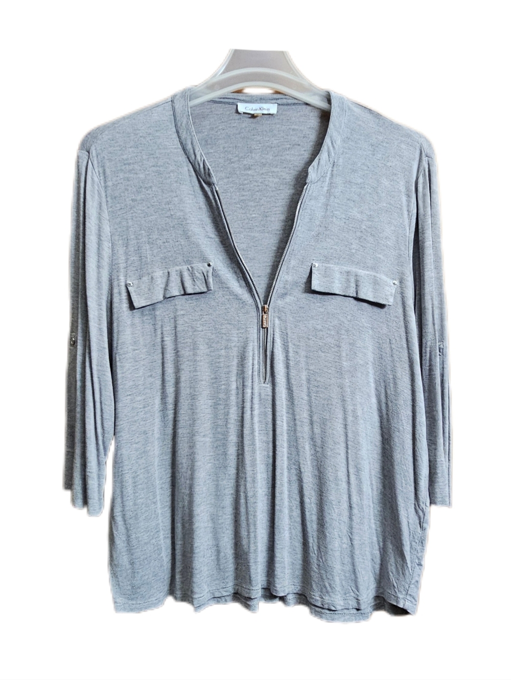 Calvin Klein womens gray grey half zip long sleeve top faux pockets Size XL